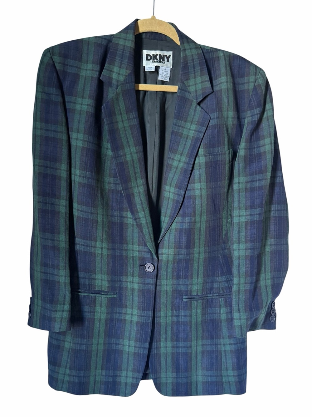 DKNY Navy & Green Plaid Blazer Jacket Shoulder Pads Vintage 90’s Structured
